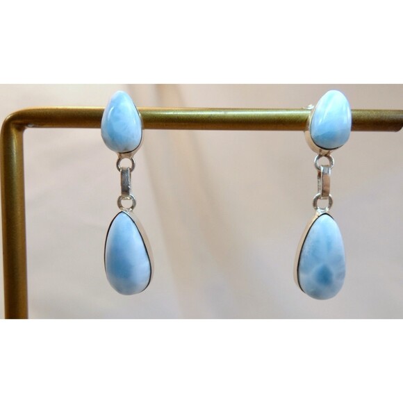 Larimar Sterling Silver Earrings Natural Vintage Blue Dolphin Stone Pectolite - Picture 5 of 6